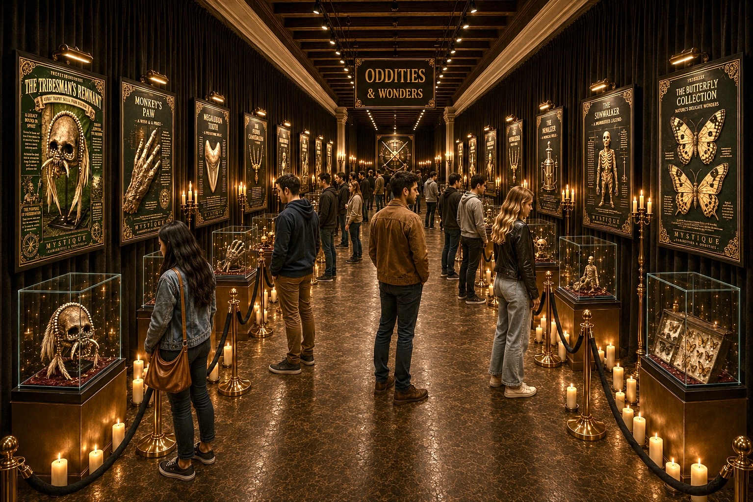 The Mystique exhibit hall — candlelit display cases with gold velvet ropes and curiosities